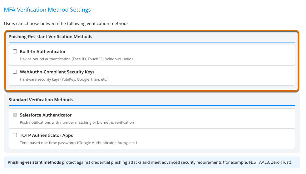 MFA Verification Method Settings on the organization detail page, showing Phishing-Resistant Verification Methods (Built-In Authenticator, WebAuthn-Compliant Security Keys) and Standard Verification Methods (Salesforce Authenticator, TOTP Authenticator Apps).