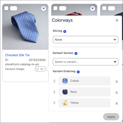 Colorways panel that shows slicing, default variant, and variant ordering