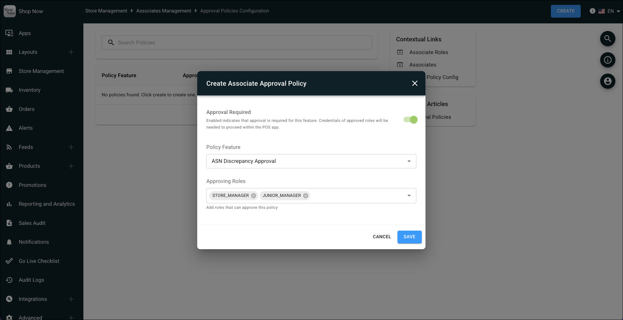 Create Associate Approval Policy dialog showing ASN Discrepancy Approval configuration in Point of Sale CMS