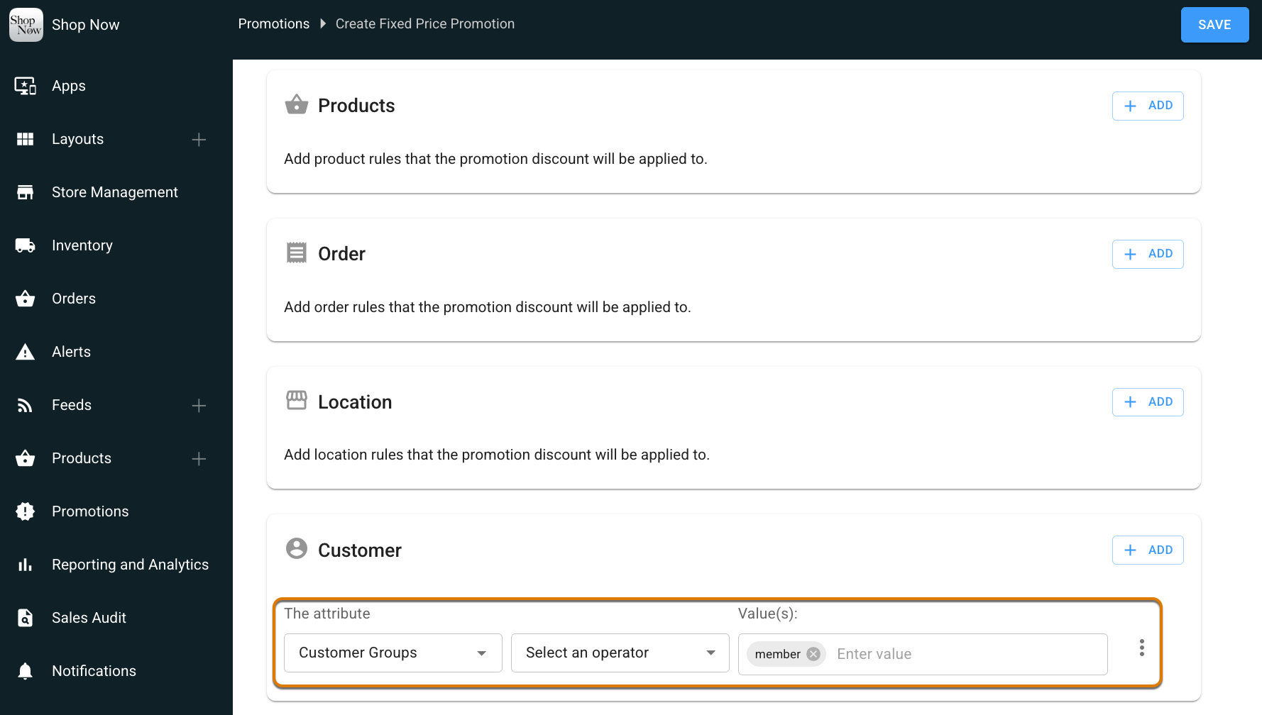 Fixed Price Promotion configuration screen showing Customer field in Point of Sale CMS