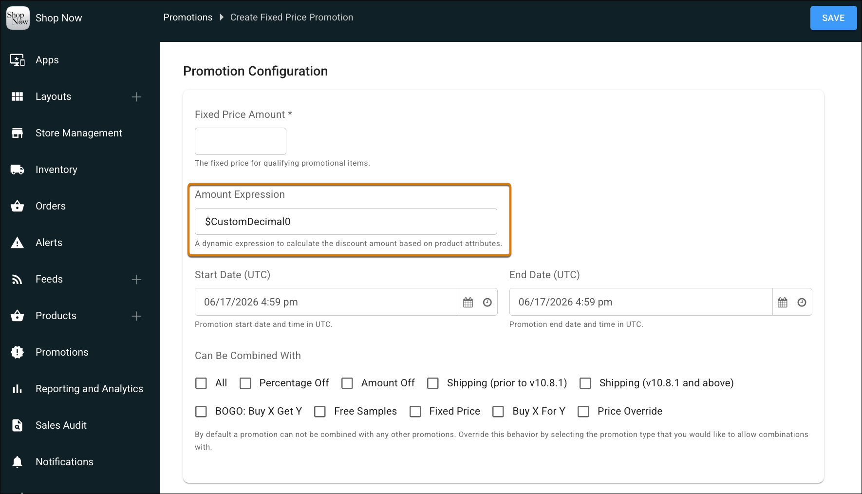 Fixed Price Promotion configuration screen showing Amount Expression field in Point of Sale CMS