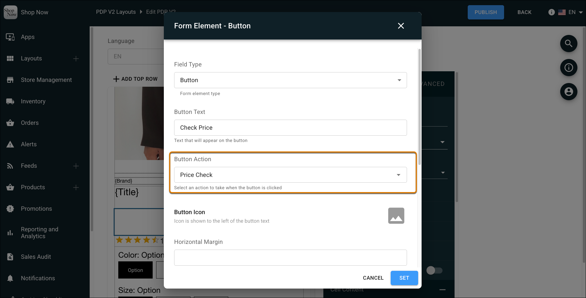 Form Element Button configuration showing Price Check button action in Point of Sale layout editor