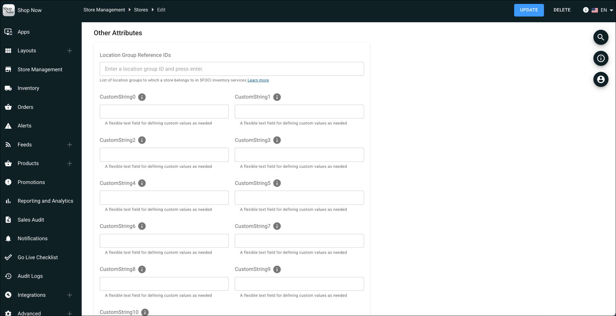 Store Other Attributes screen showing custom string fields in Point of Sale CMS