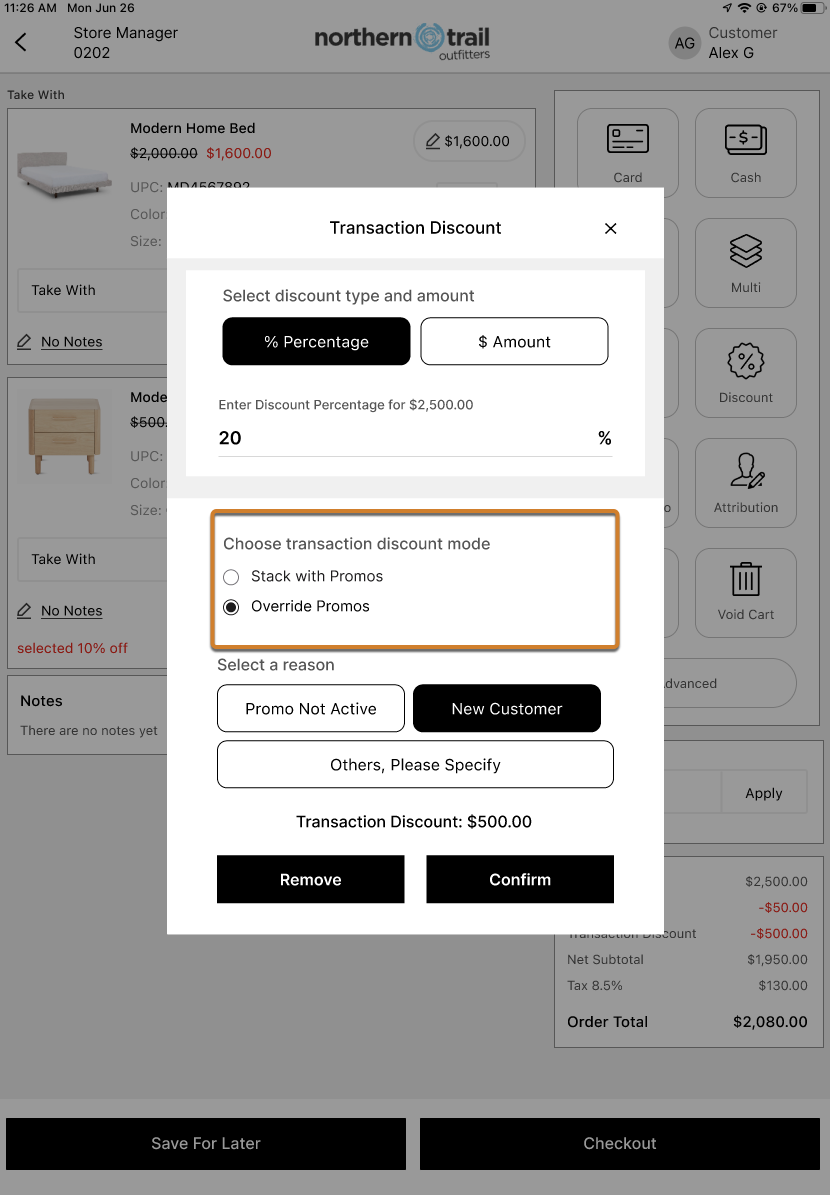 Transaction Discount dialog showing options to stack with or override promotions in Point of Sale app
