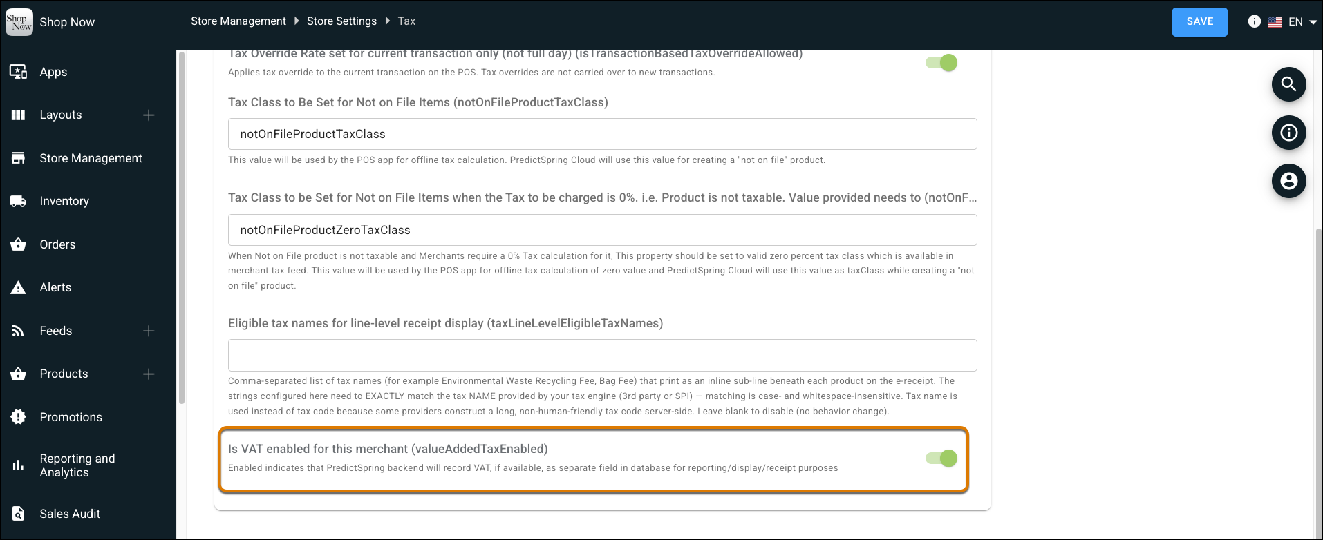 VAT settings in Point of Sale CMS