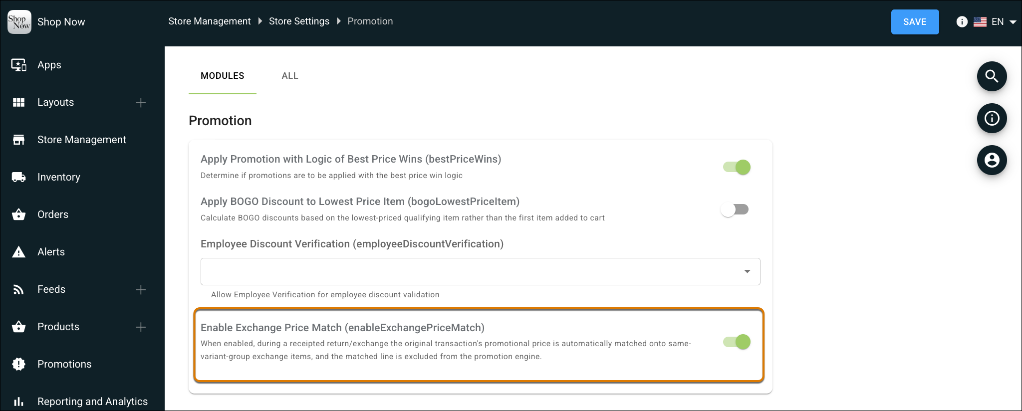 Exchange Price Match setting in Point of Sale CMS