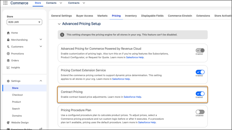 Image of the Pricing Settings page with Contract Pricing enabled
