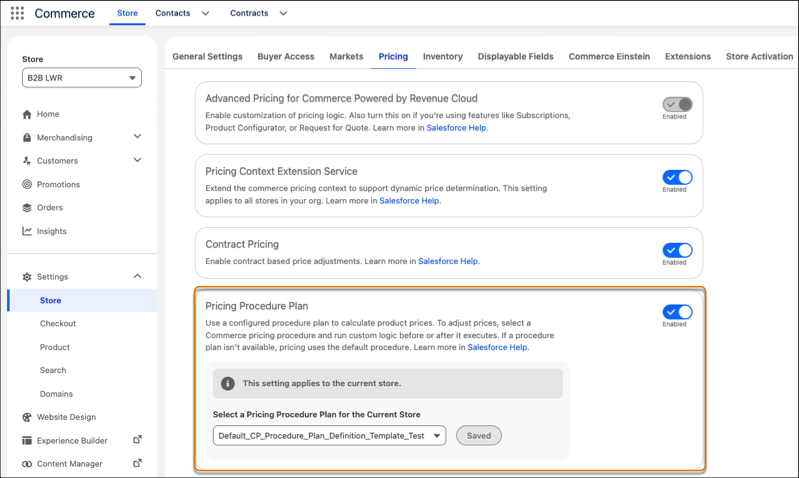 Image of the Pricing Settings page with Pricing Procedure Plan enabled