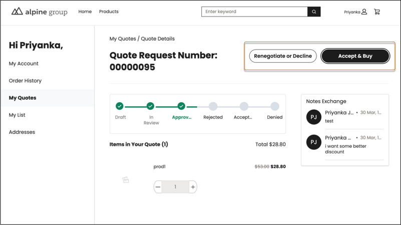 Image showing the Quote Details page with an option to accept and buy