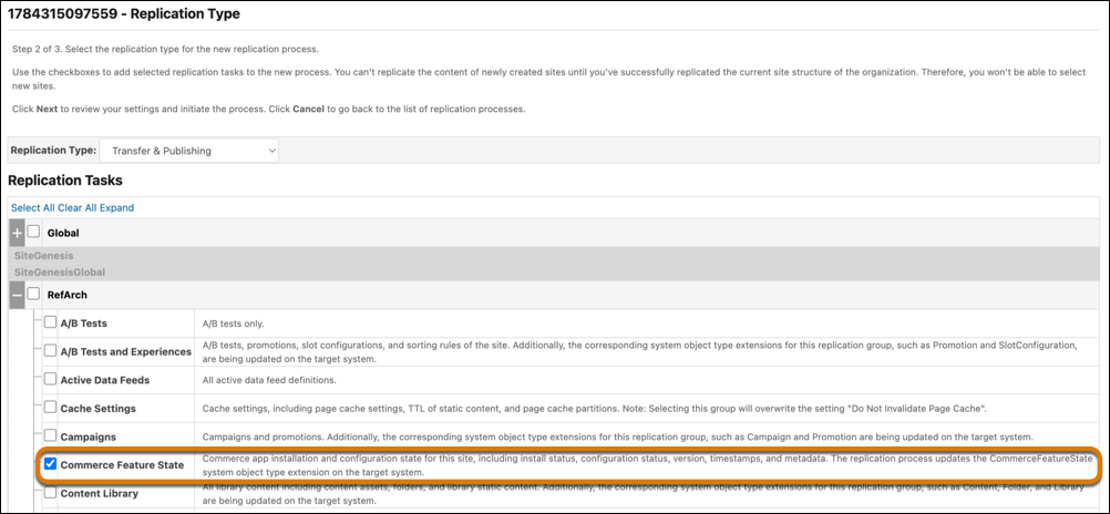 Run data replication by using the SITE_COMMERCE_FEATURE_STATE replication group.
