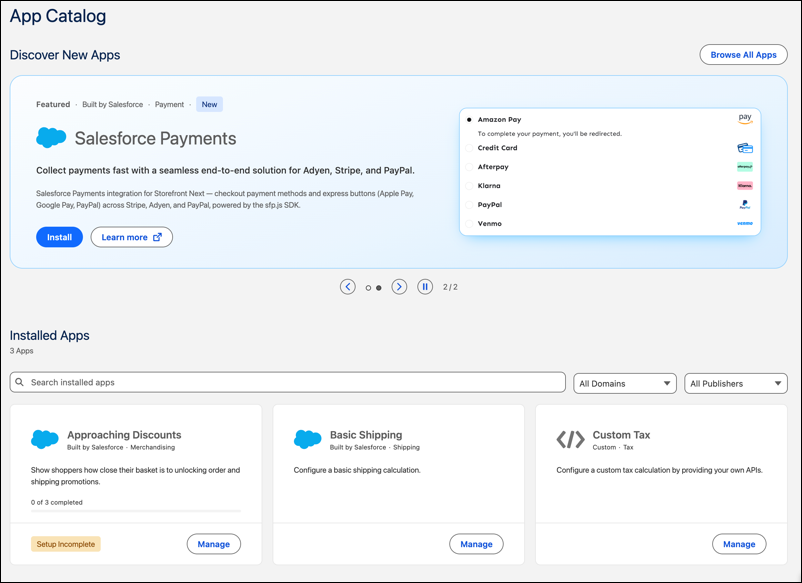 Discover, install, and manage Commerce Apps.