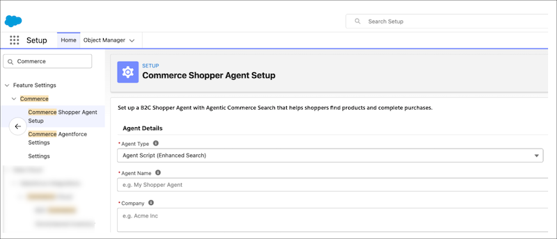 Commerce Shopper Agent Setup page.