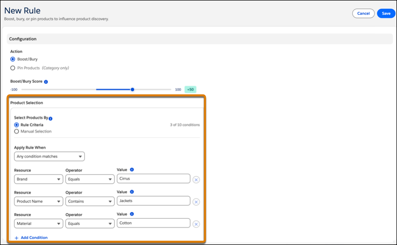 New Rule configuration showing Rule Criteria selected with product attribute conditions