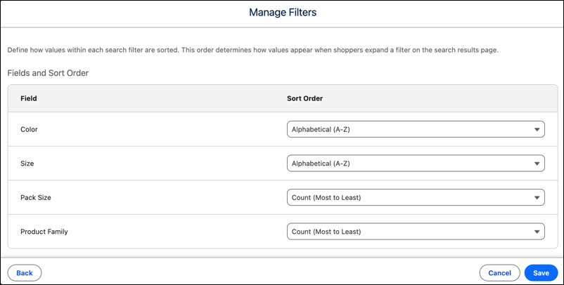 Sort order options for facet values