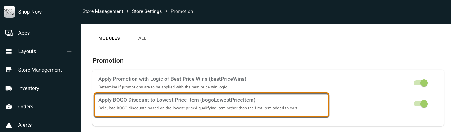 Apply BOGO Discount to Lowest Price Item toggle in Point of Sale CMS