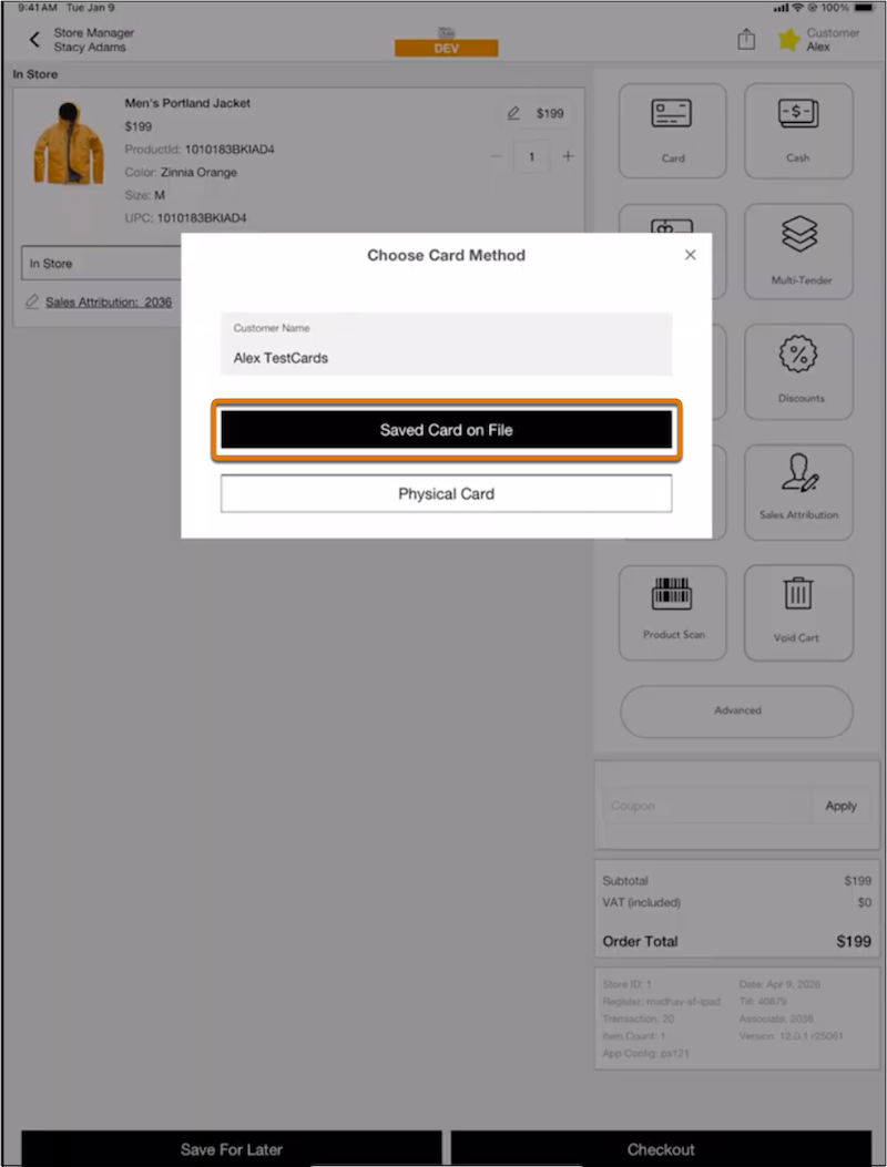Saved card on file at point of sale.