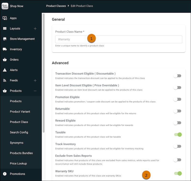Product class settings.