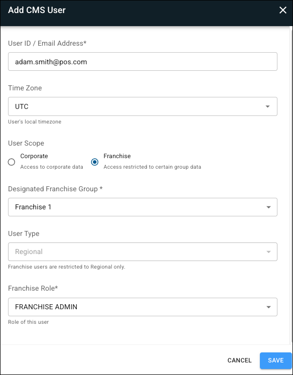 Franchuse User Configuration Window in Point of Sale CMS