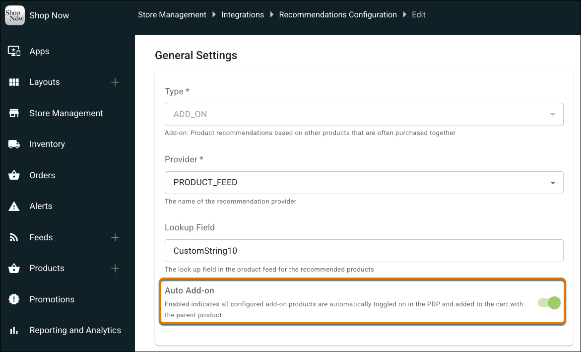 Recommendations Configuration Screen in Point of Sale CMS