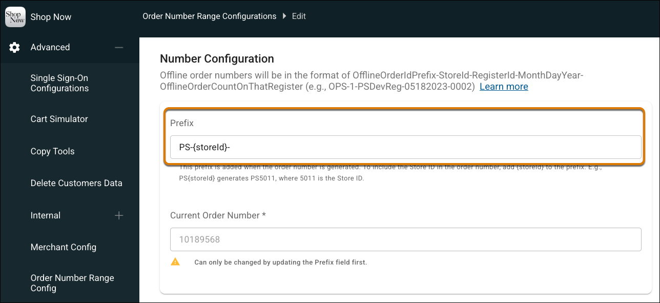 Order Number Range Configurations Window in Point of Sale CMS