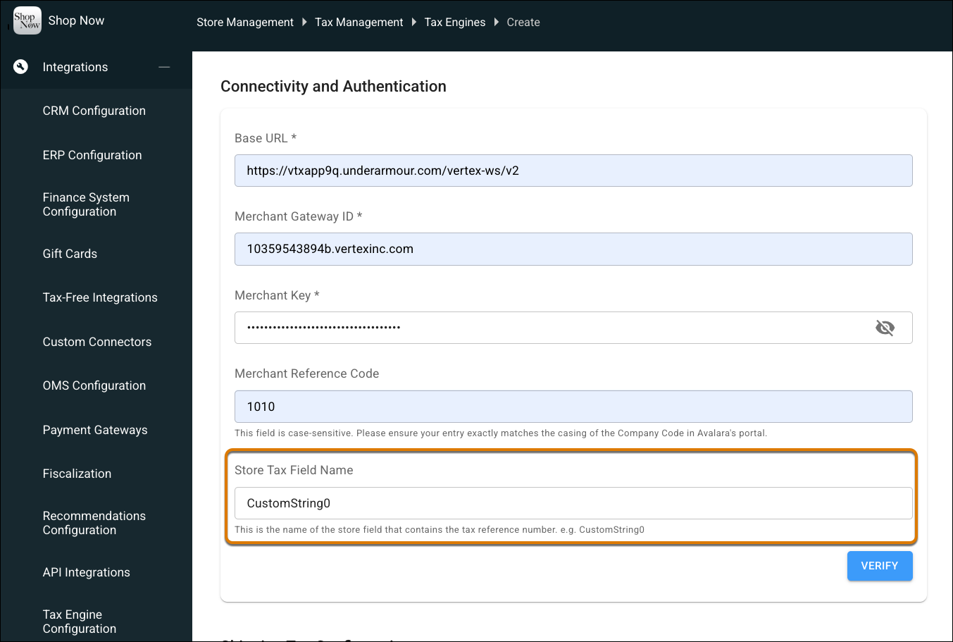 Tax Engine Configuration Screen in Point of Sale CMS