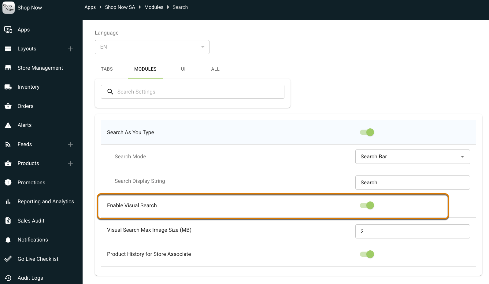 Search Modules screen in Point of Sale CMS