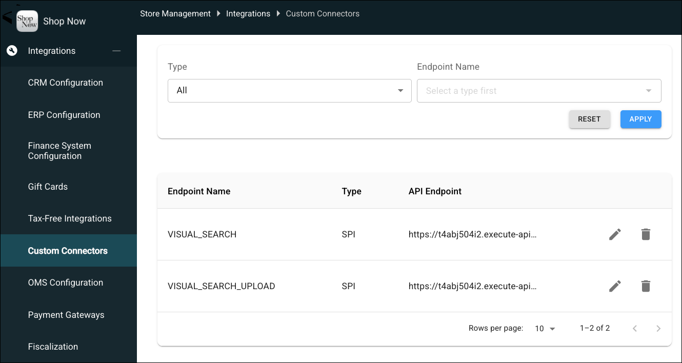 Customer Connectors screen in Point of Sale CMS