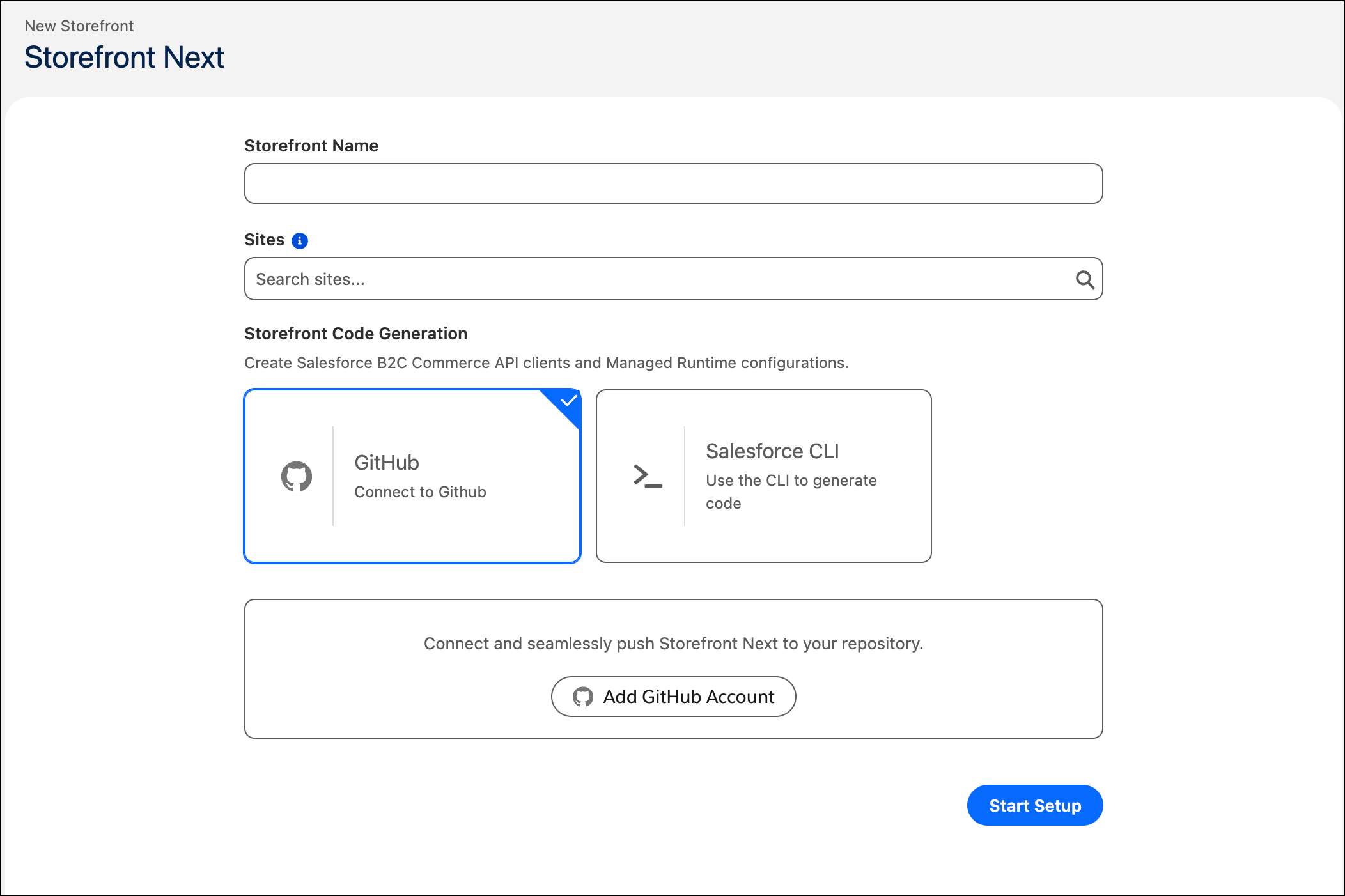 New Storefront setup page in Business Manager