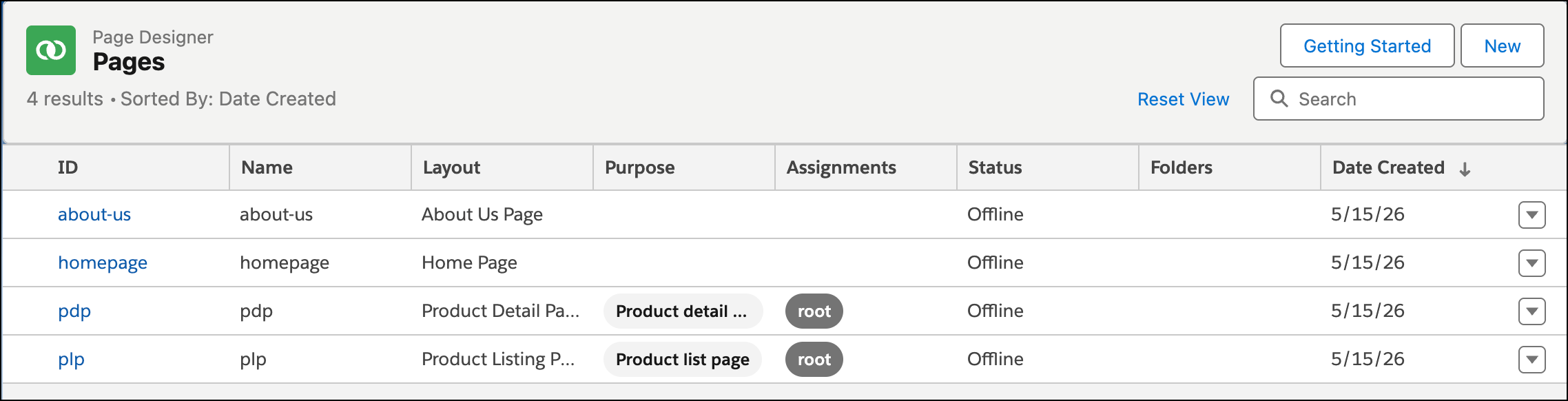 Page Designer showing Storefront Next pages
