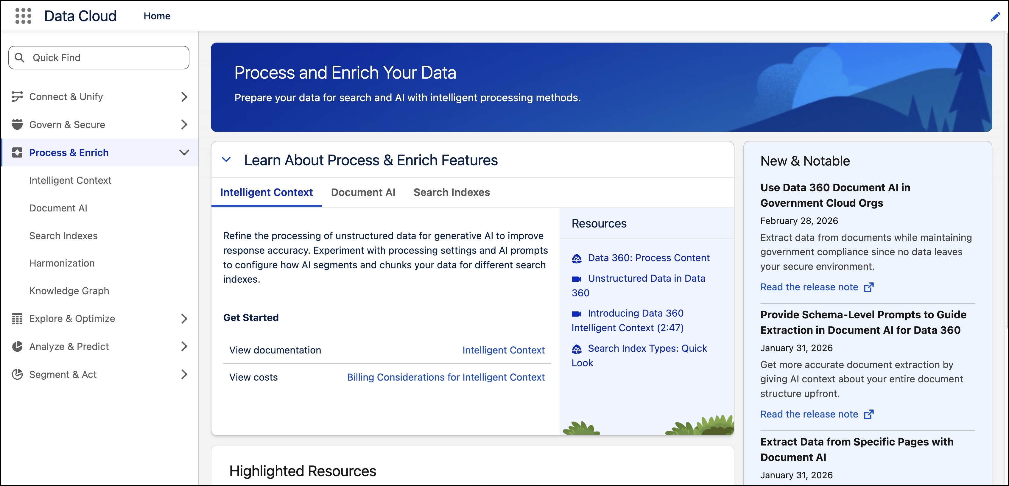 Process & Enrich home page with learning component and new and notable sections.