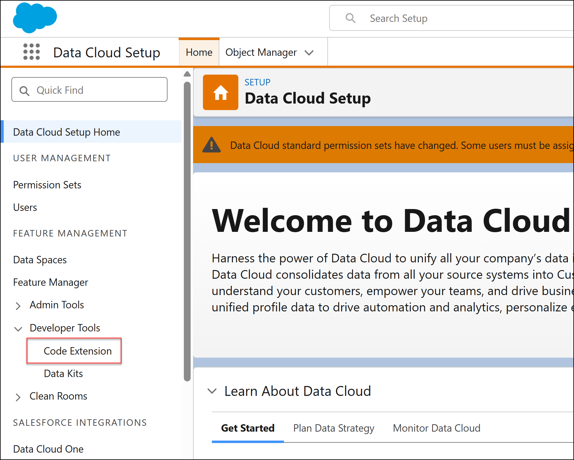 Data Cloud Setup with Code Extension selected under Developer Tools