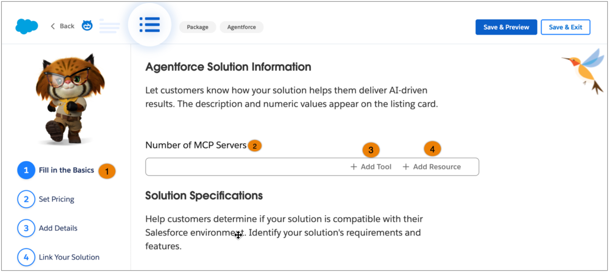 The Agentforce Solution Information section showing the fields for the number of MCP servers, tools, and resources.
