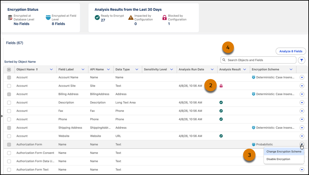 Review analysis and encrypt fields in the Shield app.
