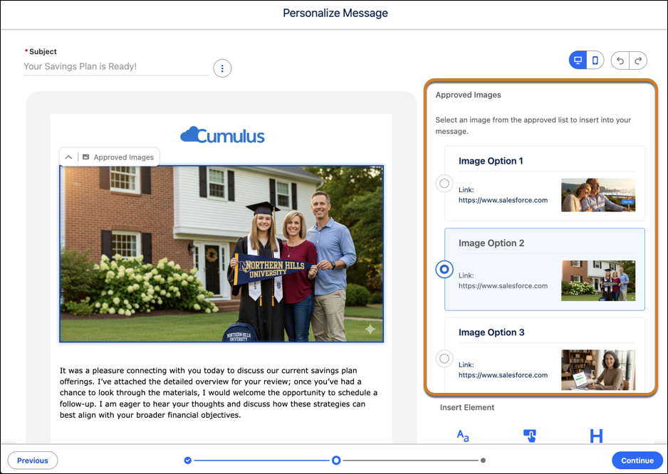 A personalization screen where a user selects an approved image to update a message preview.
