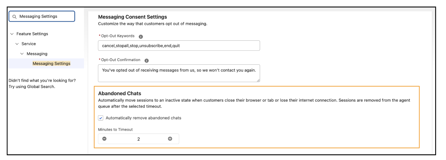 Messaging Settings page open to the Abandoned Chats section of a messaging channel.