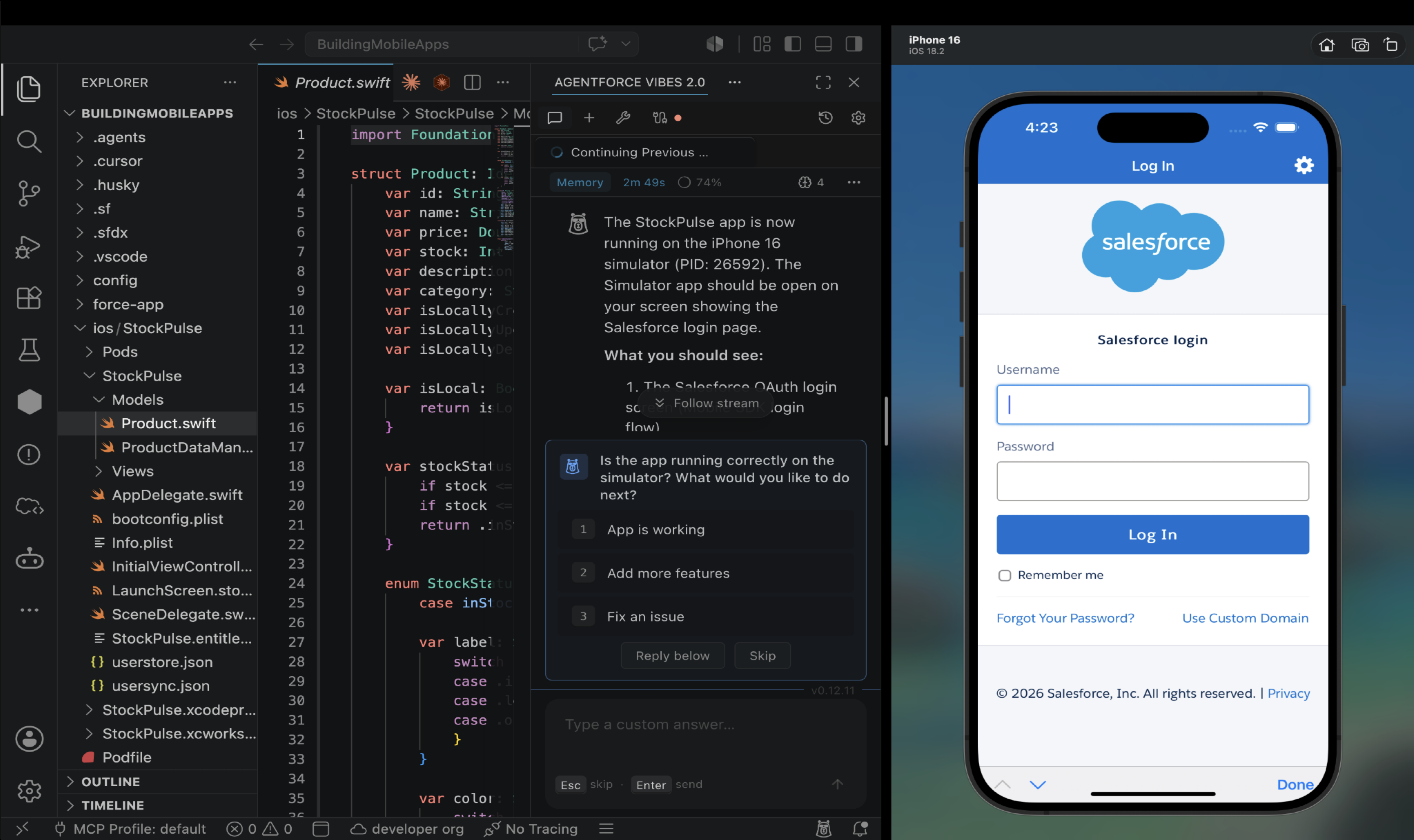 Screenshot displaying the login page of the app after it launched in a simulator