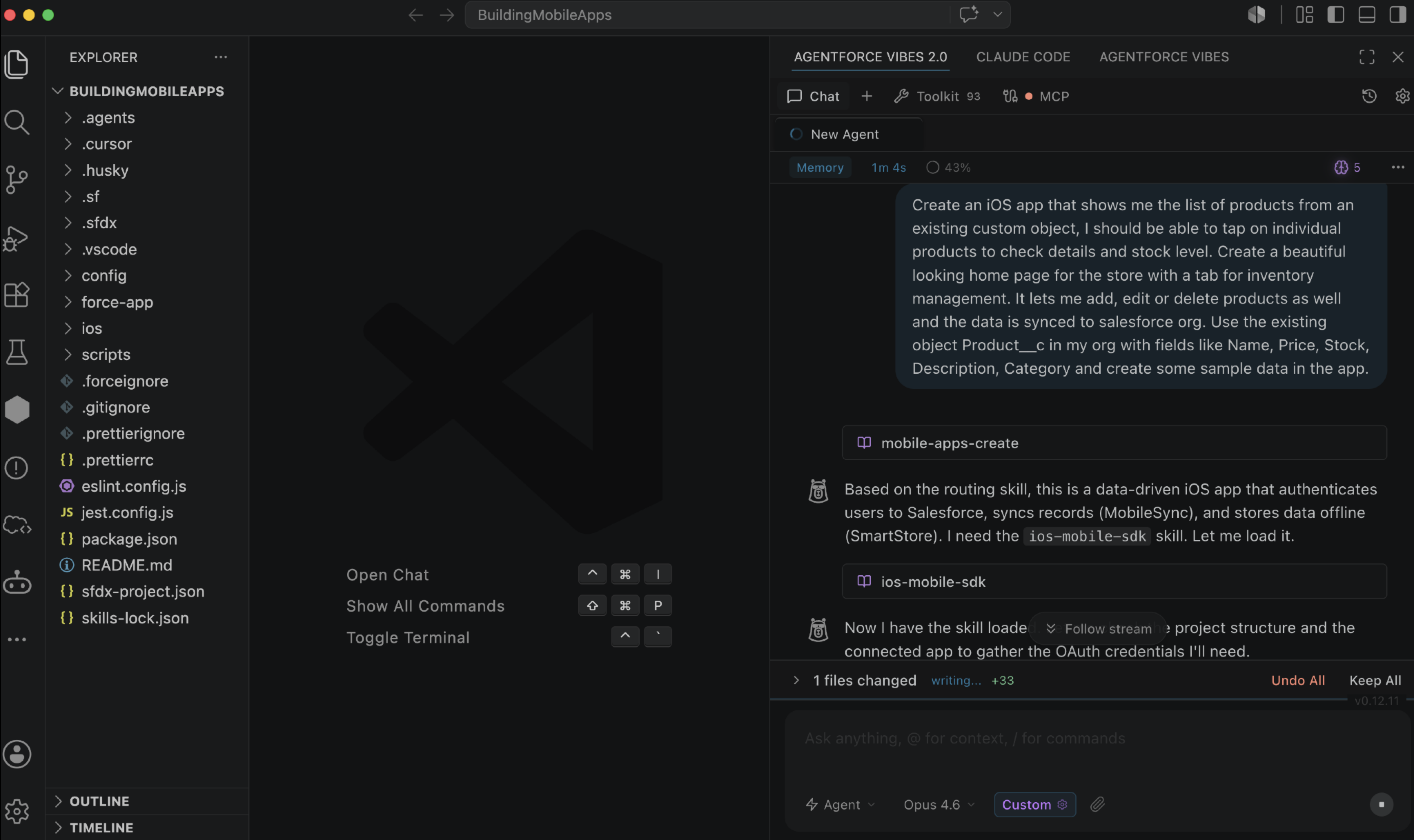 Screenshot displaying Agentforce Vibes chat panel with the prompt to create a mobile app and Mobile-apps-create skill being invoked by the agent .