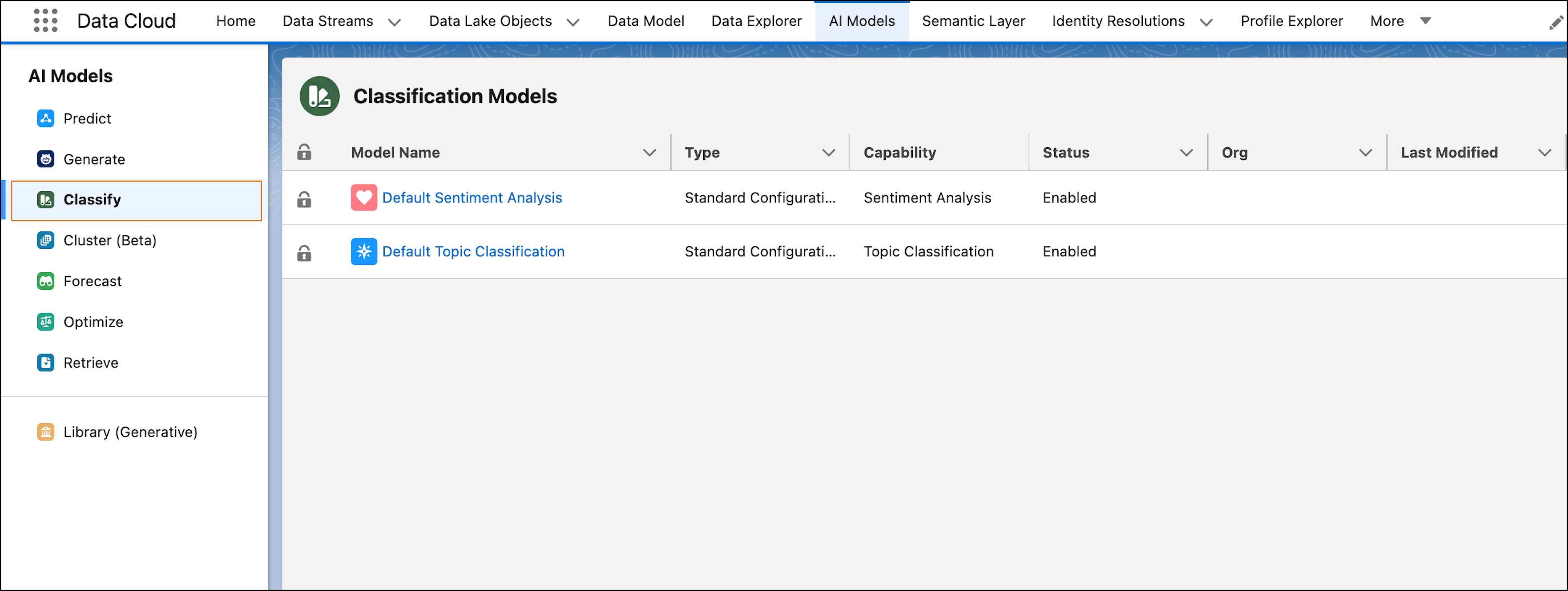 AI Models tab showing the Classify option for Topic Classification models