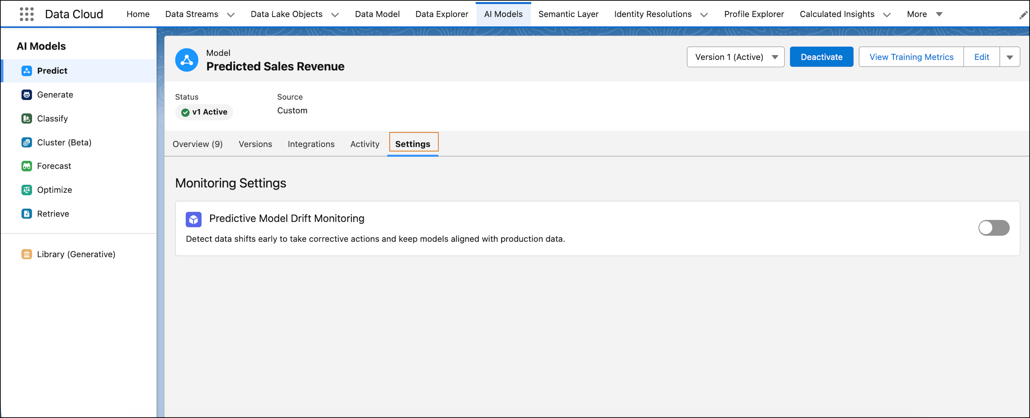 Model Activity tab showing drift charts and metrics