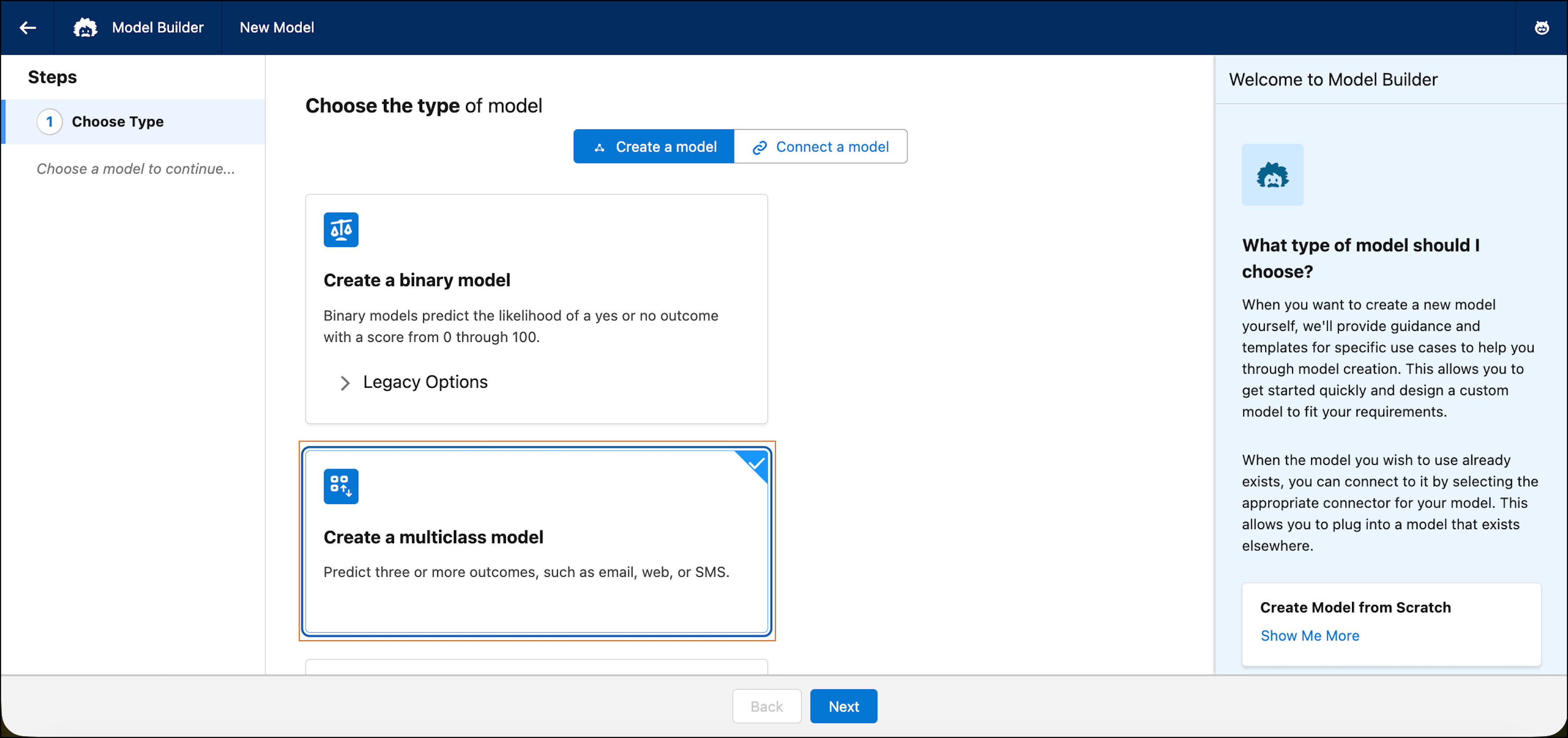 Model Builder showing the multiclass model creation option