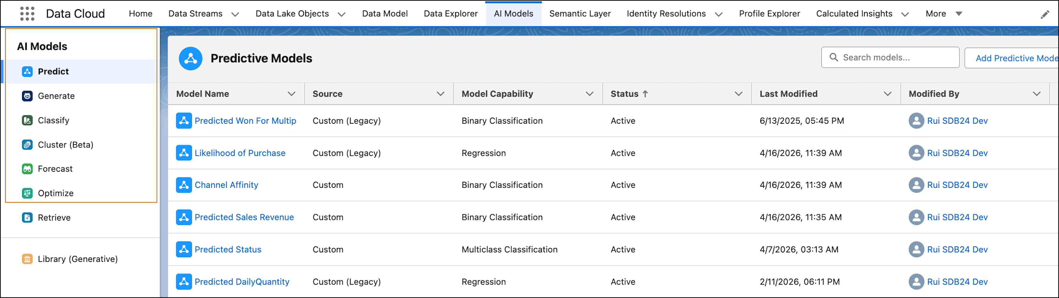 AI Models tab shows algorithms and models supported by the new runtime