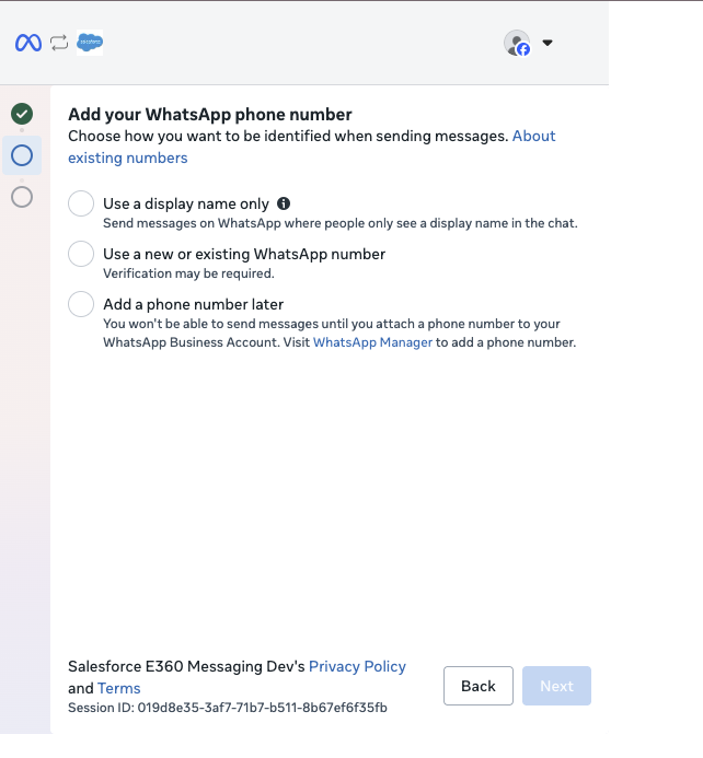 Meta window with Add a phone number later option selected.