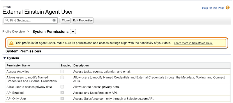 Profile page for editing permissions with an agent user access warning.