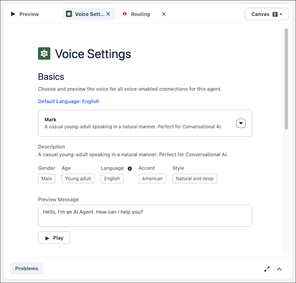 Voice Settings page in Agentforce Builder