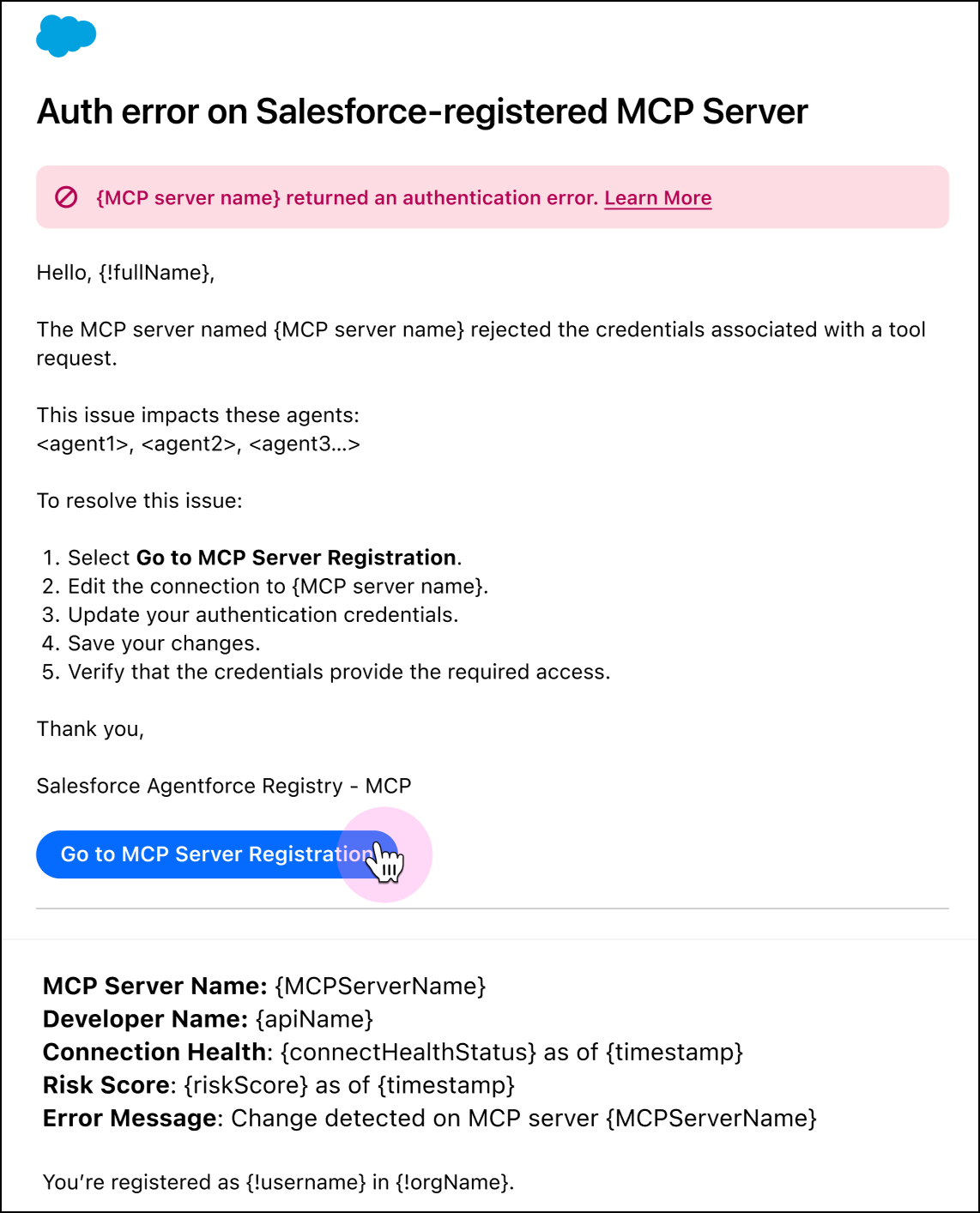 Email notification for MCP server authentication failure.