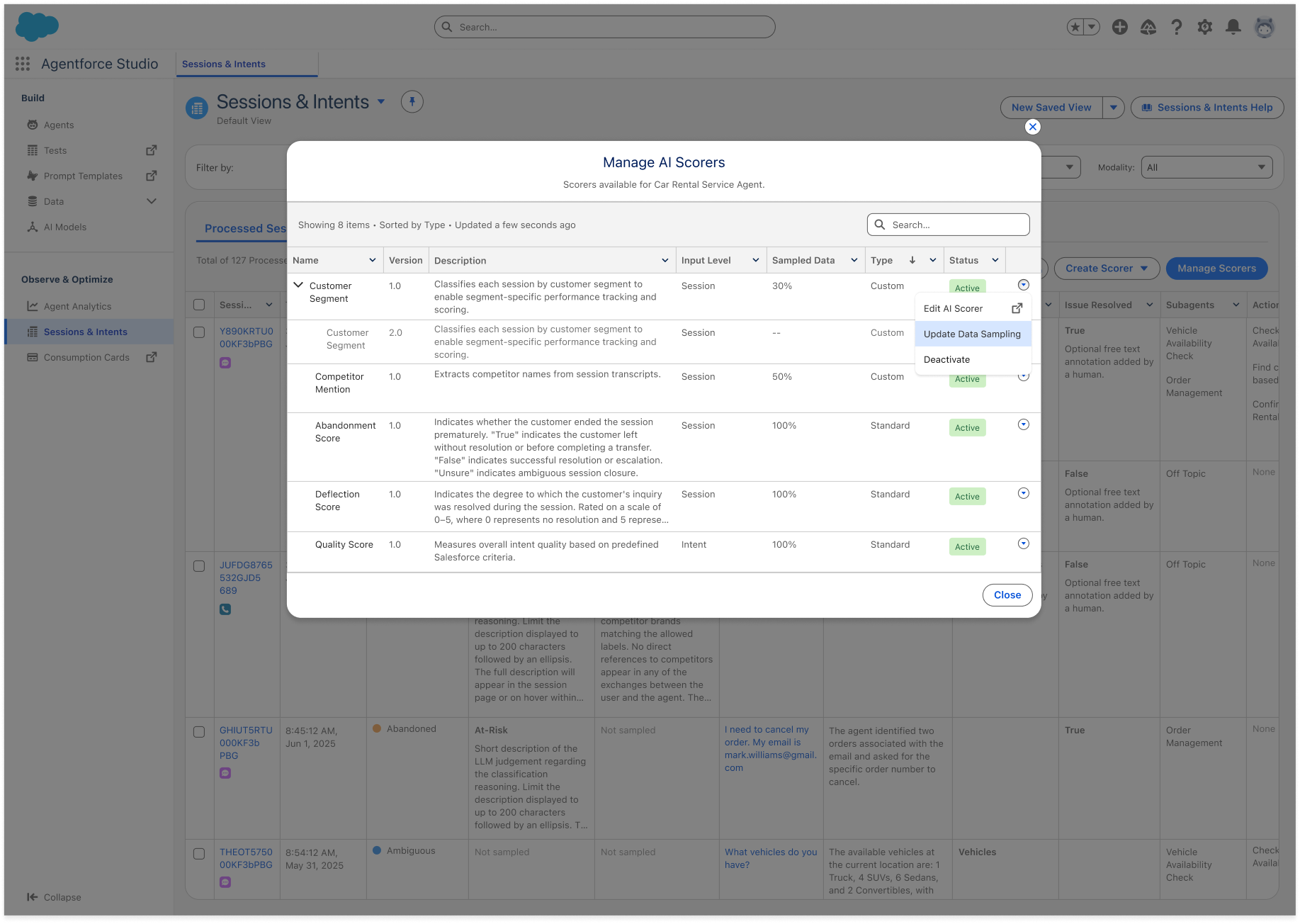 Manage AI Scorers modal showing scorer names, versions, descriptions, input levels, sampling rates, types, and statuses