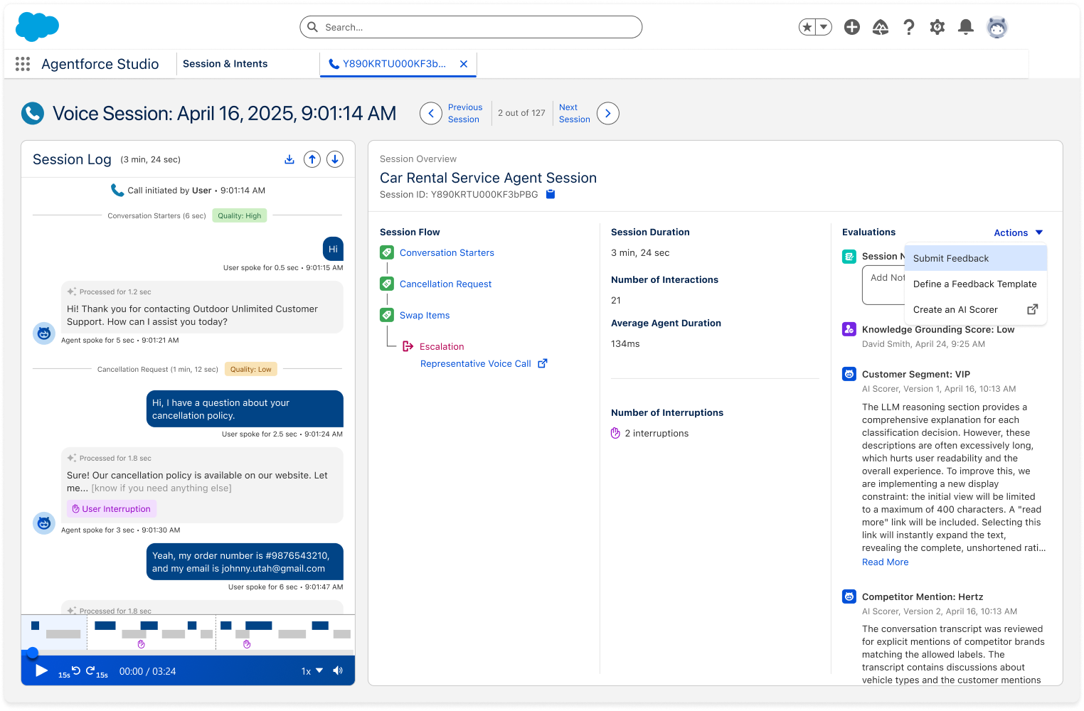 Voice session details in Agentforce Observability with actions to submit manual feedback and define a feedback template