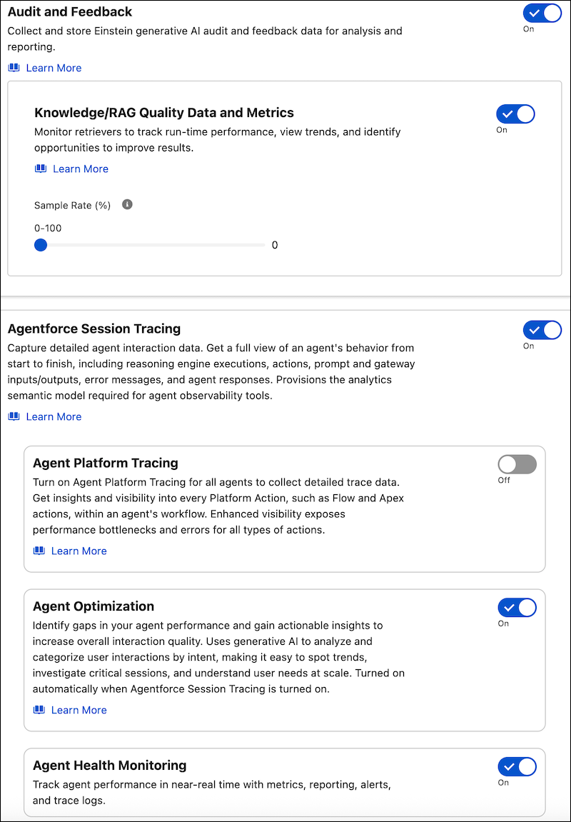 Setup with Audit and Feedback, Knowledge/RAG Quality Data and Metrics, Agentforce Session Tracing, and Agent Optimization turned on.