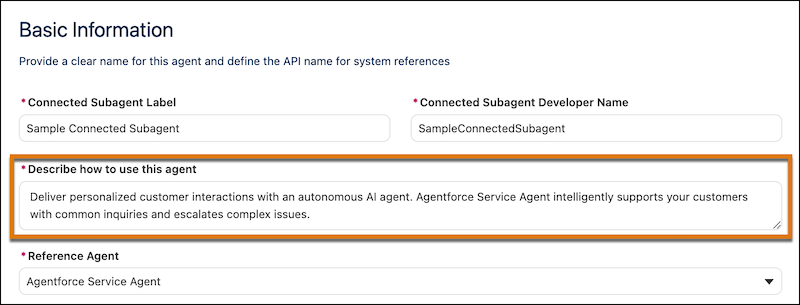 Agent card for a connected subagent in Agentforce Builder with the description field highlighted.
