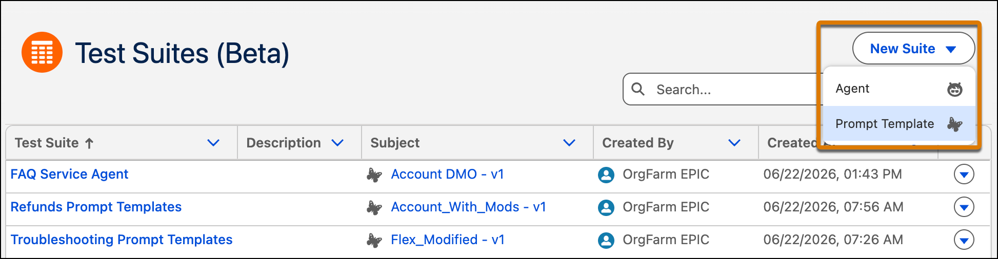 Testing Center in Agentforce Studio with New Test Suite menu open and Prompt Template selected.